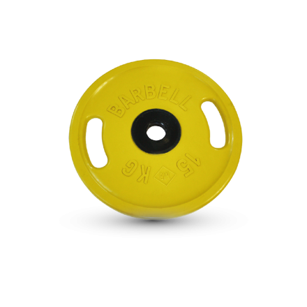 Диск обрезиненный, евро-классик с ручками, жёлтый, 15 кг