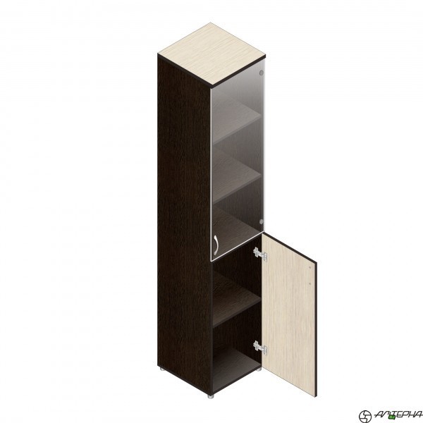 Шкаф для документов узкий высокий, закрытый, верхняя стеклянная дверка, нижняя дверка, регулируемые опоры, 402*418*1960 мм Серия Референт