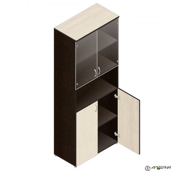 Шкаф для документов широкий высокий, 2 верхние стеклянные дверки, ниша, 2 нижние дверки, 798*418*1960 мм Серия Референт