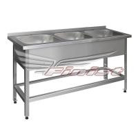 Ш1700*Г600*В860, Ванна трёхсекционная каркас из нержаеющей стали, с бортом размер моечного отделения 500*500*300