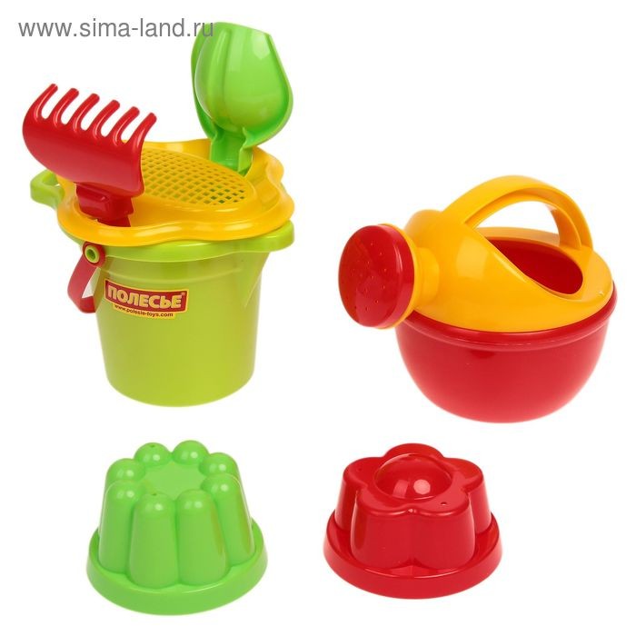 Песочный   набор №155: ведро, ситечко-цветок, совок, грабельки, 2 формочки, лейка, цвета   МИКС